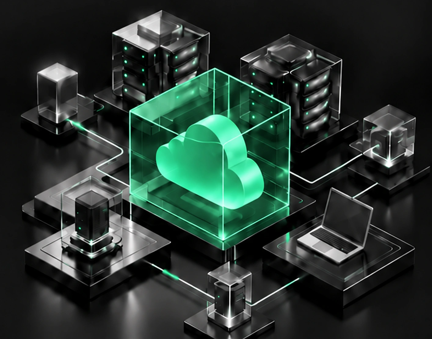 Nuvem verde protegida por um cubo de vidro, conectada a servidores e computadores